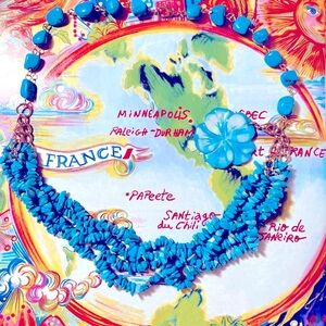 Blue Turquoise Multi Row Chip Beads Necklace + Flower Pendant